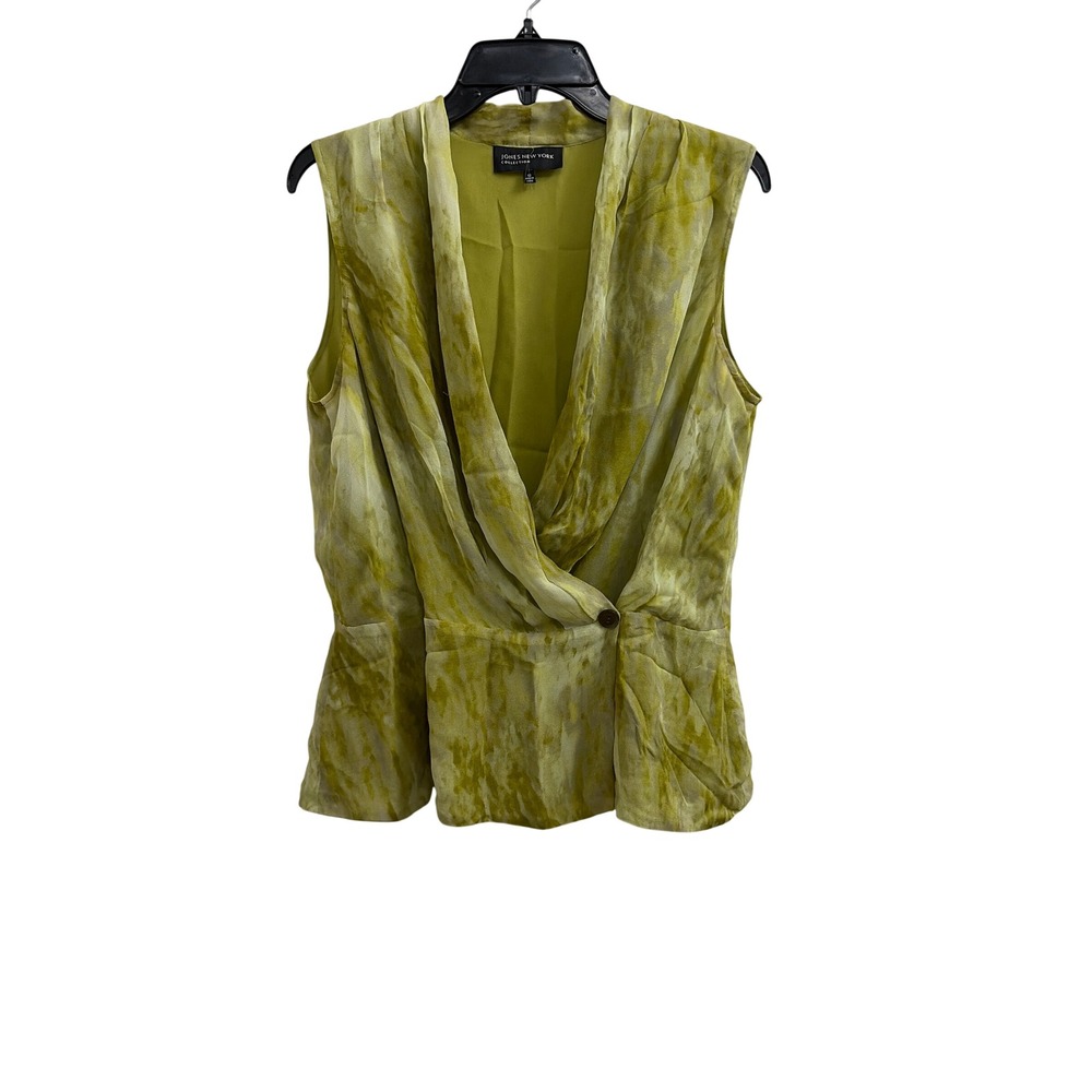 Jones New York Silk Draped Wrap Blouse Green Abstract Sleeveless‎ Women 12